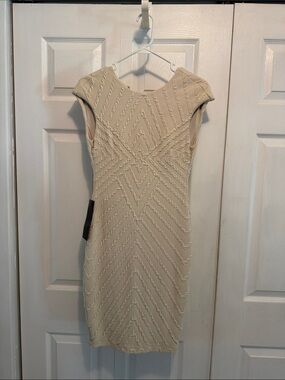 bebe Ivory Textured Cap-Sleeve Midi Sheath Dress